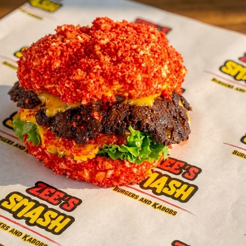A Zee's Smash burger with a bright red, crunchy bun, cheese, lettuce, and a thick patty.