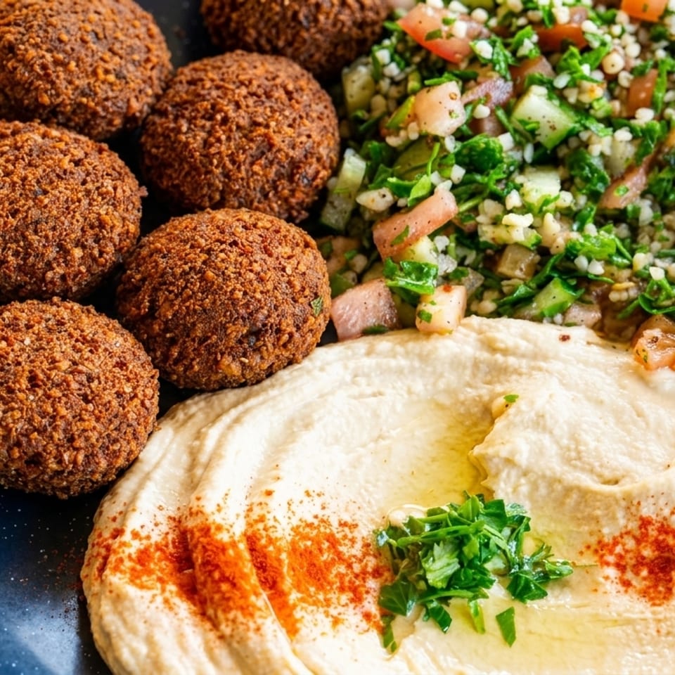 A blue plate with falafel, hummus drizzled with olive oil and paprika, and tabbouleh salad.