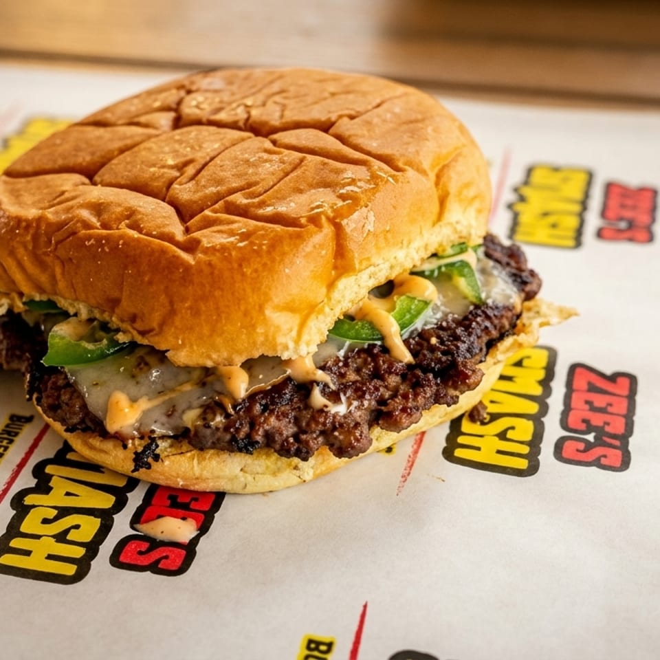 A Zee's Smash Burger with cheese, jalapeños, and sauce on branded paper.