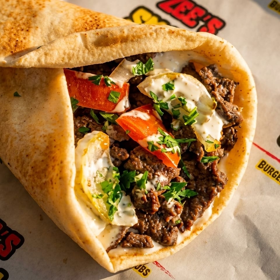 A Zee's Smash kabob wrap with meat, tomatoes, onions, and sauce on branded paper.