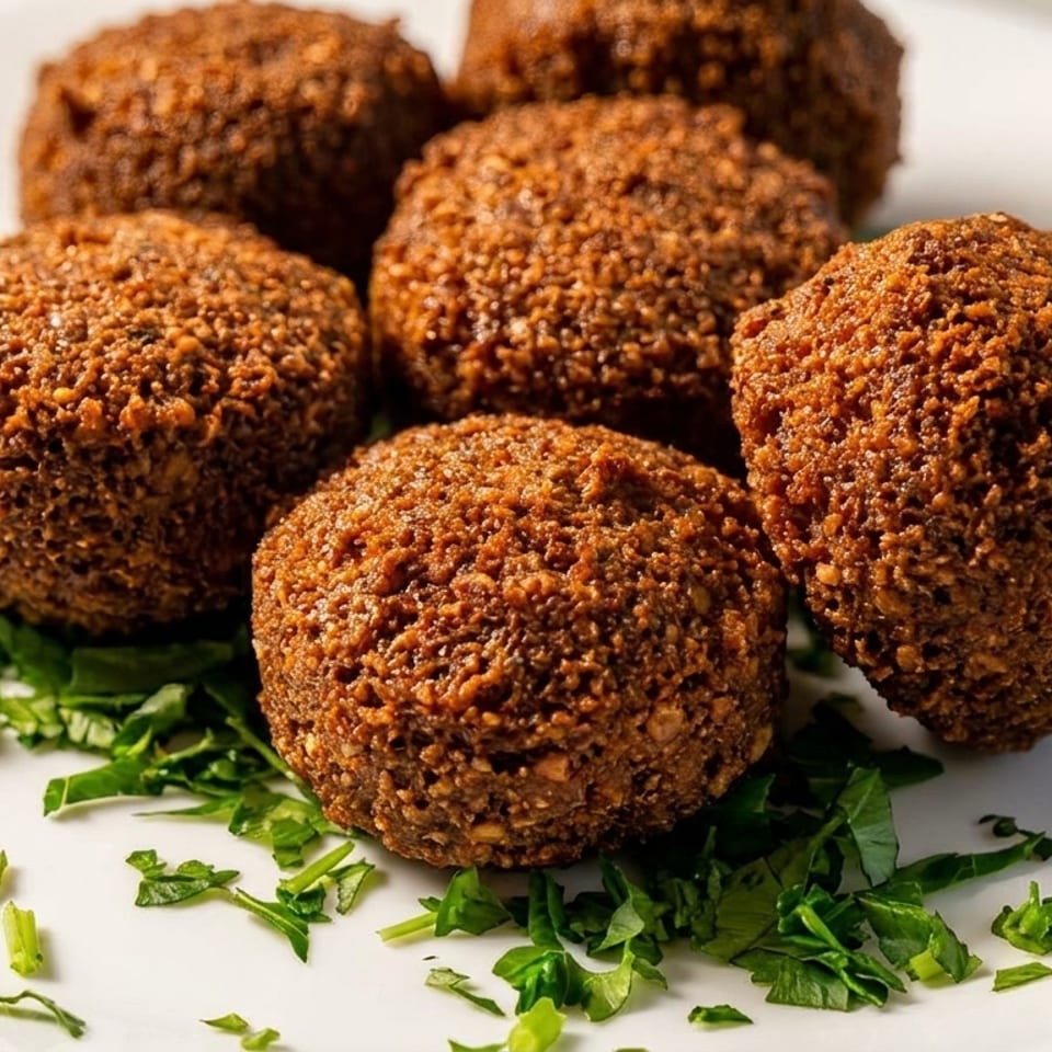 Six crispy falafel balls garnished with fresh parsley on a white plate.