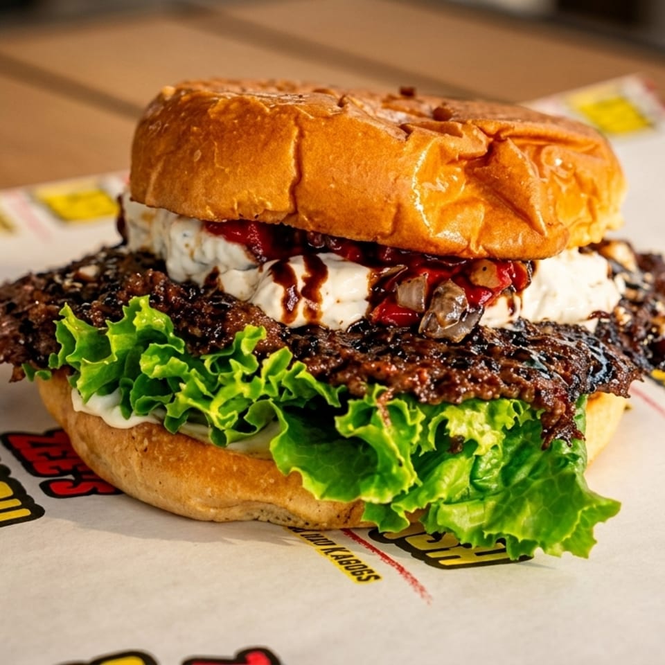 A gourmet burger with lettuce, pulled meat, white sauce, and red peppers on a branded wrapper.