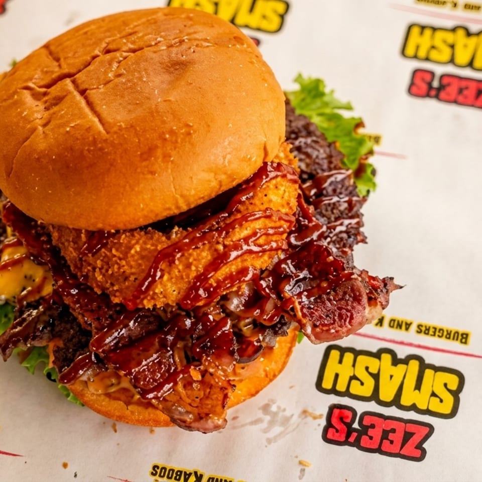 A large burger with onion rings, bacon, and barbecue sauce on a branded wrapper.