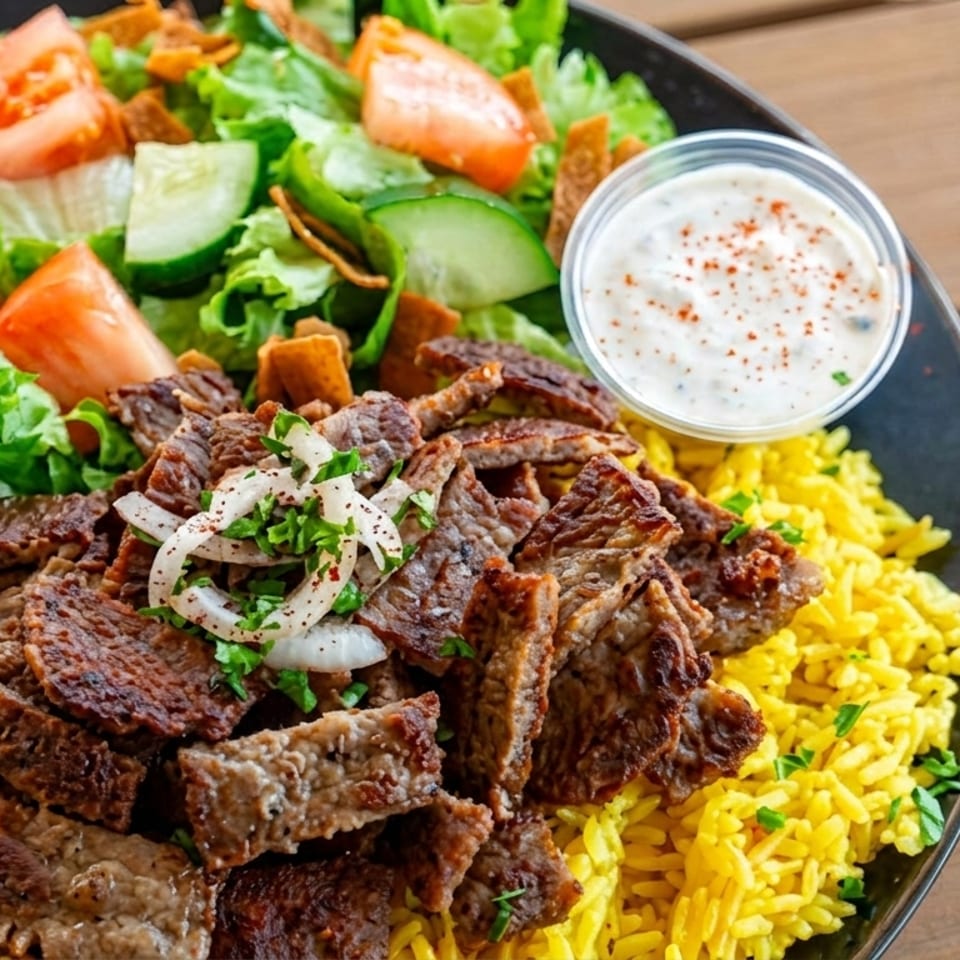 A black bowl filled with yellow rice, sliced meat, fresh salad, and a side of white sauce.