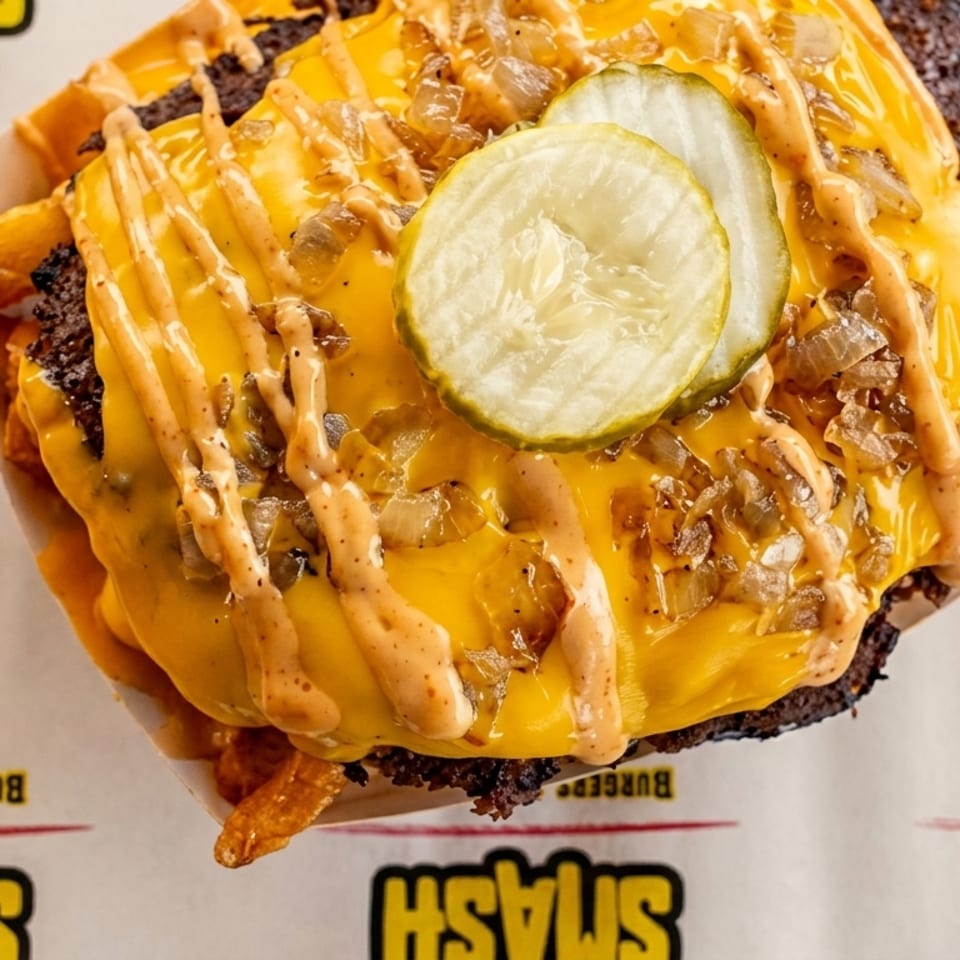 Close-up of a Smashburger with melted cheese, grilled onions, special sauce, and pickles.
