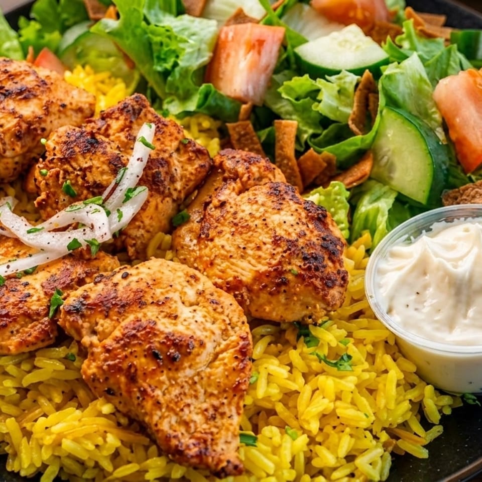 Grilled chicken pieces on yellow rice with a side salad and white sauce in a cup.